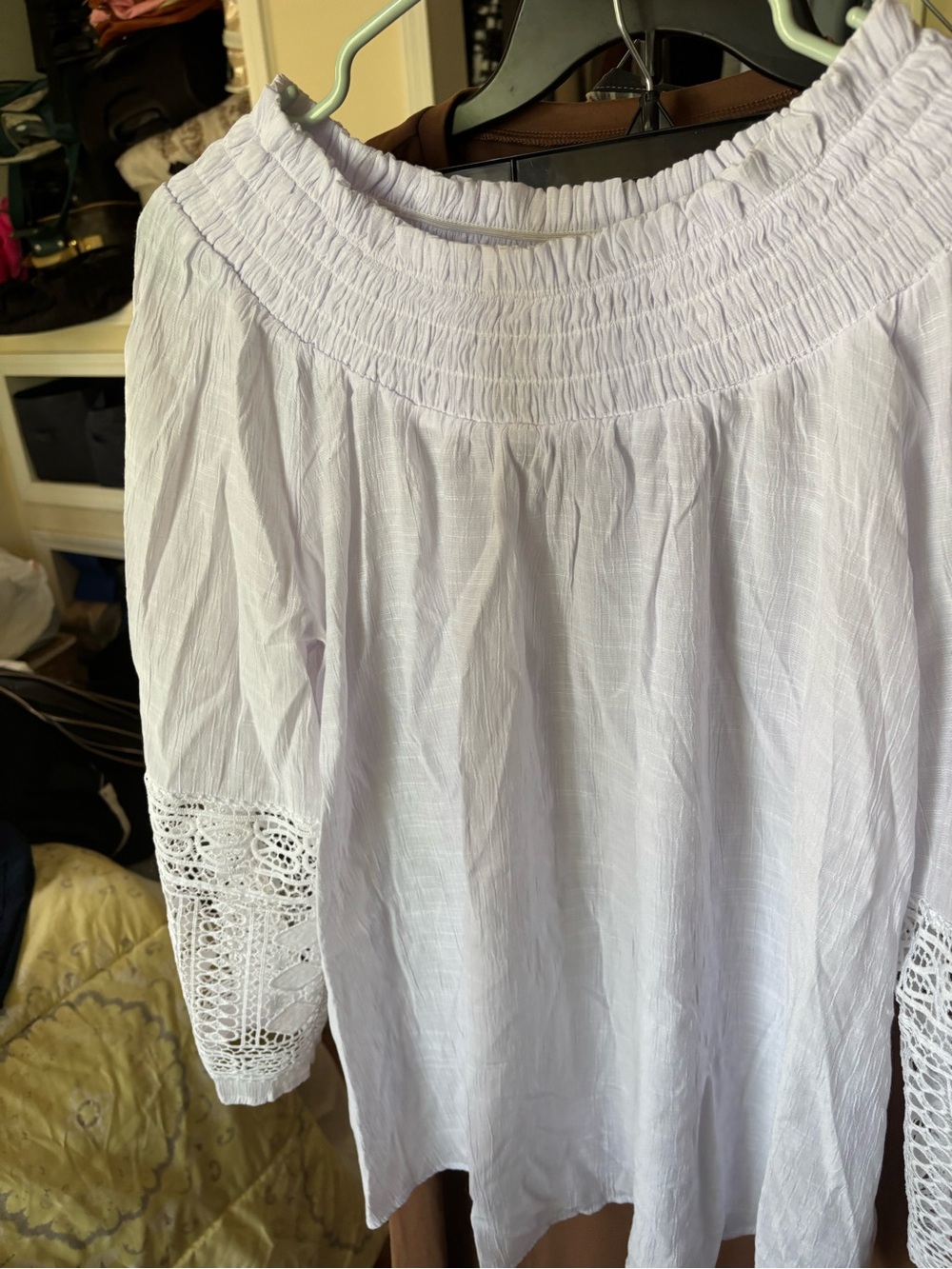 Light Lilac Off-Shoulder Blouse with Crochet Sleeve Detail